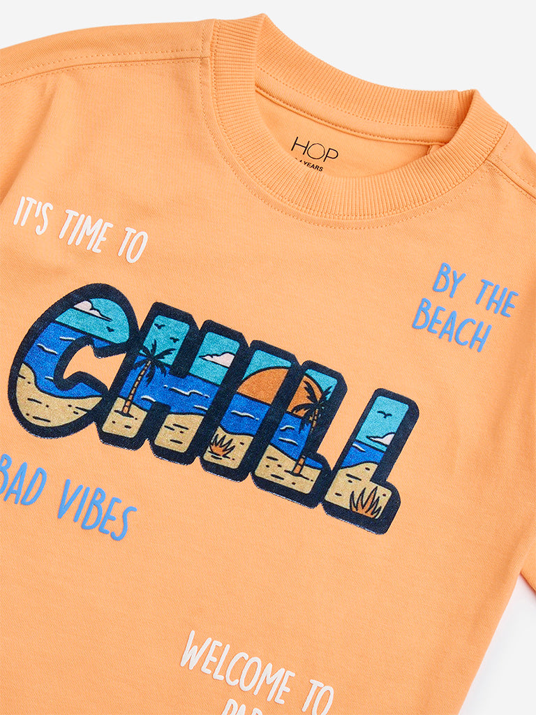 HOP Kids Orange Text Printed Cotton T-Shirt