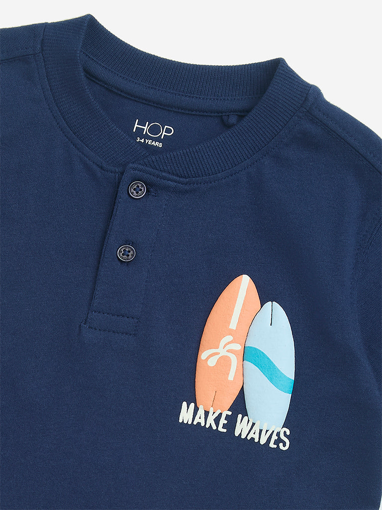 Westside HOP Kids Navy Surfboard Printed Cotton T-Shirt for Casual Wear Zoomed View