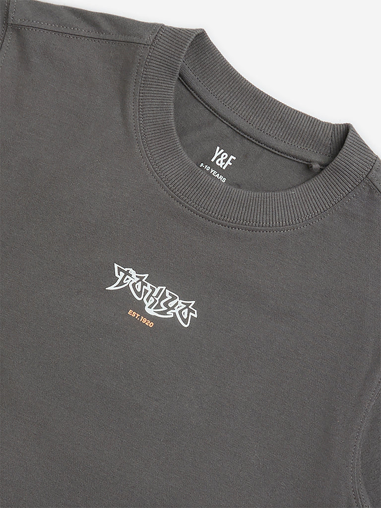 Westside Y&F Boy's Grey Text Printed Cotton T-Shirt for Casual Wear Zoomed View