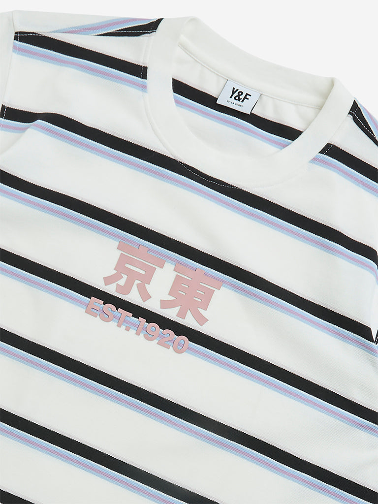 Westside Y&F Boy's White Stripe Printed Cotton-Blend T-Shirt for Casual Wear Zoomed View