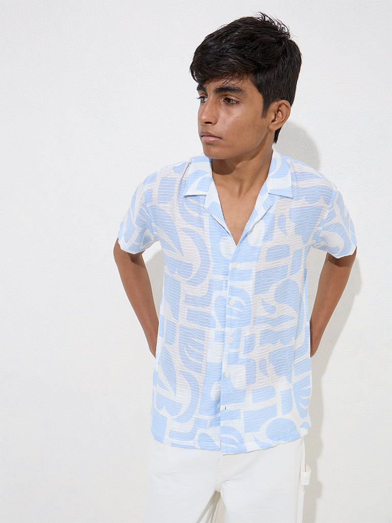 Westside Y&F Boys' Kids Light Blue Abstract-Printed Resort-Fit Shirt for Casual Wear Model Front View