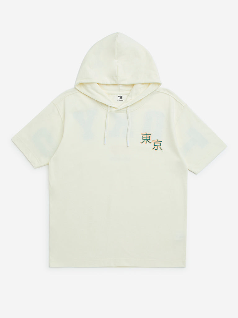 Y&F Kids Off-White Text Printed Cotton Hoodie