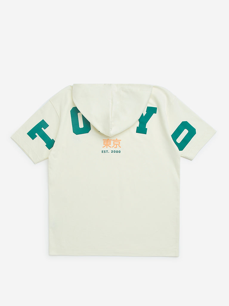 Y&F Kids Off-White Text Printed Cotton Hoodie