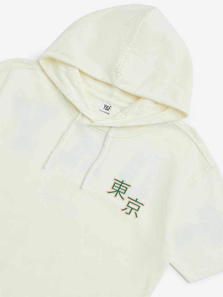 Y&F Kids Off-White Text Printed Cotton Hoodie