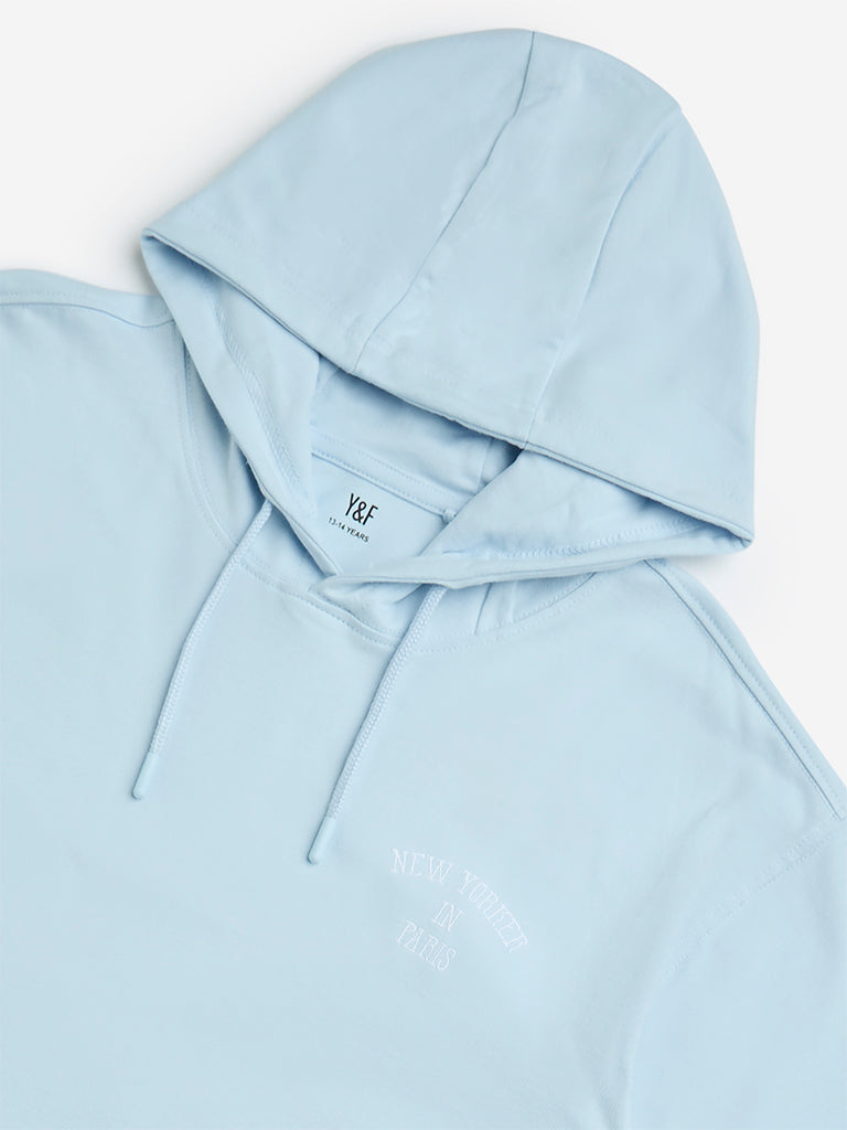 westisde Y&F Boys' Kids Light Blue Text Design Cotton Hoodie for Casual Wear Zoom View