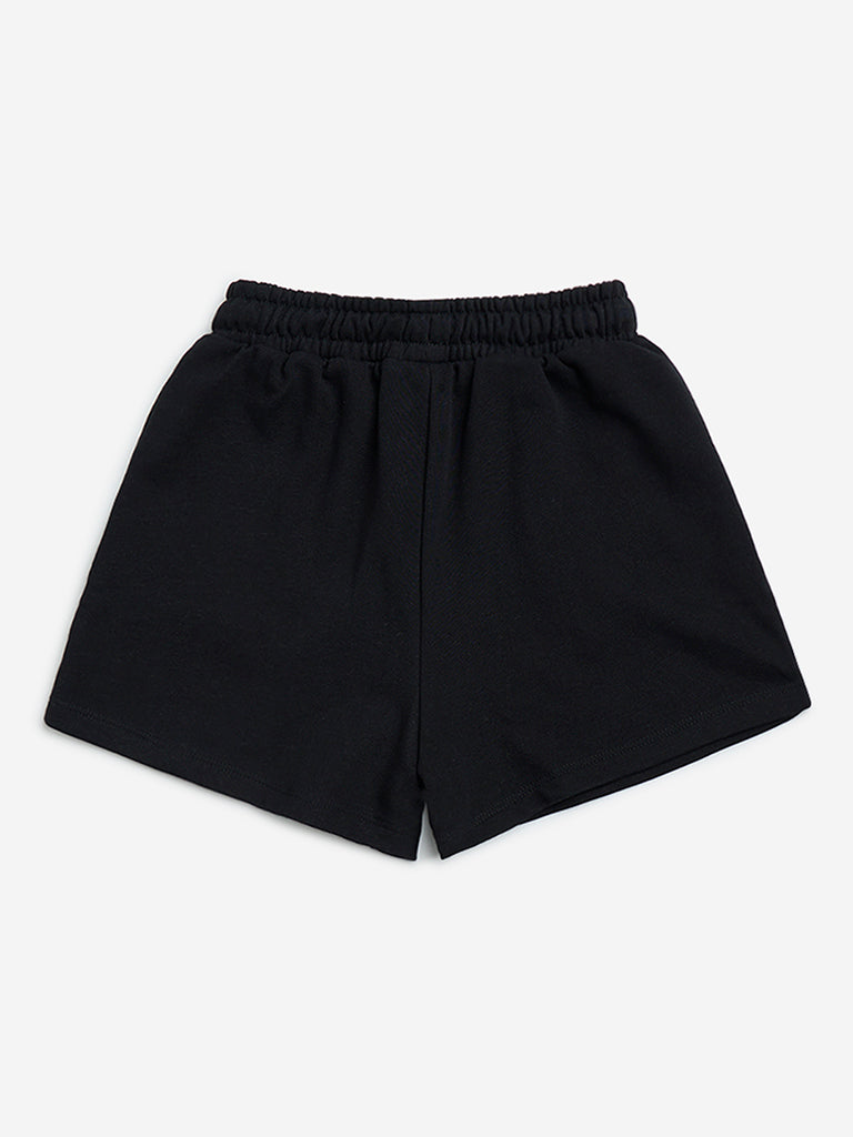 Y&F Kids Black Solid High-Rise Cotton-Blend Shorts