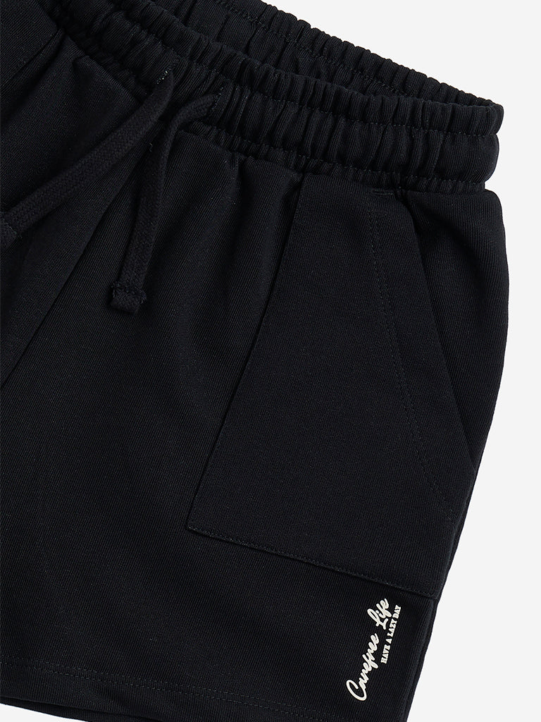 Westside Y&F Girl's Black Solid High-Rise Cotton-Blend Shorts for Casual Wear Zoomed View
