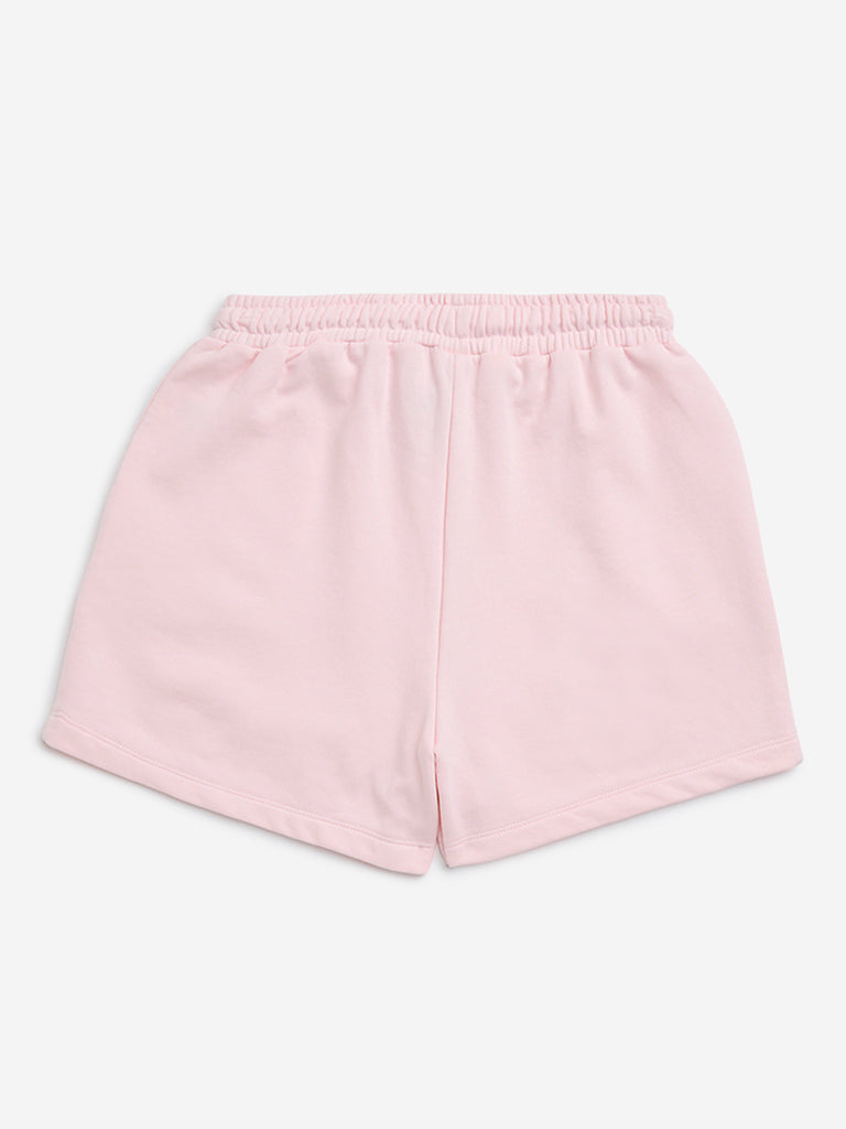Y&F Kids Pink Text Design High-Rise Cotton-Blend Shorts