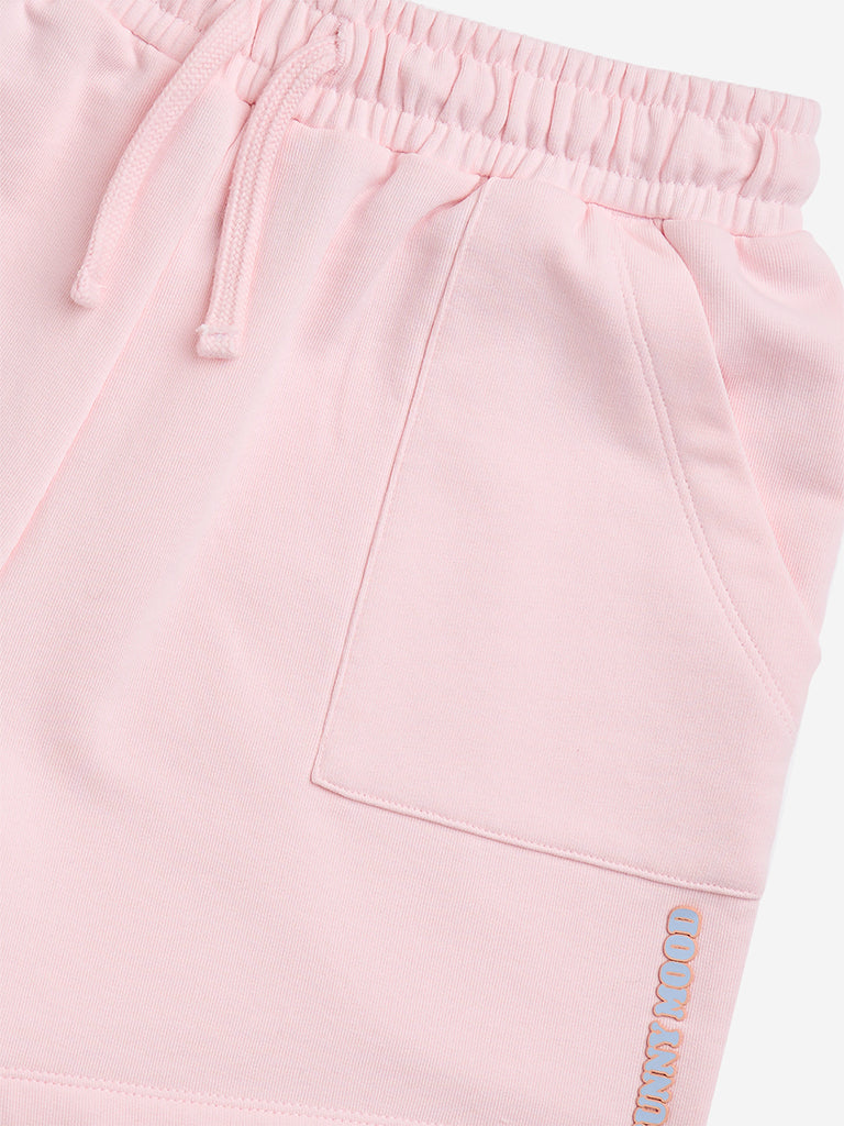 Y&F Kids Pink Text Design High-Rise Cotton-Blend Shorts