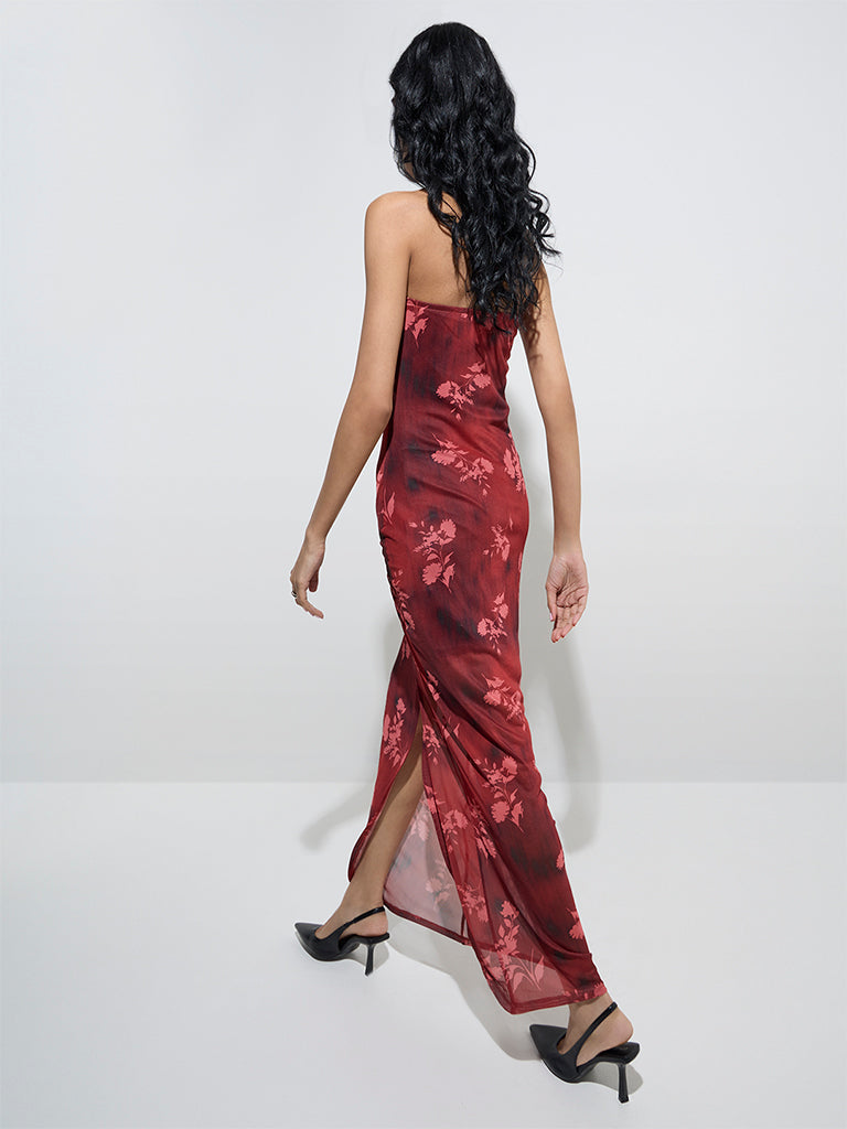 Westside Nuon Women's Burgundy Floral Printed Mesh Bodycon Dress for Casual Wear Back View