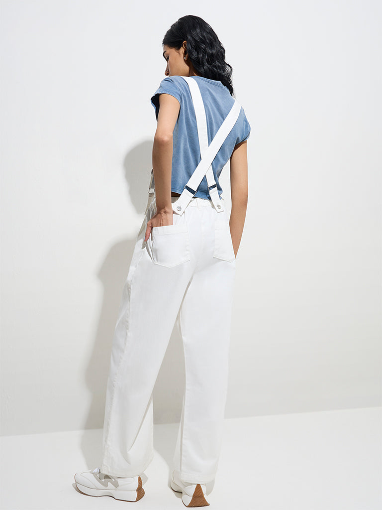 Westside Nuon Women's Off-White High-Rise Cotton Trousers with Suspenders for Casual Wear Back View