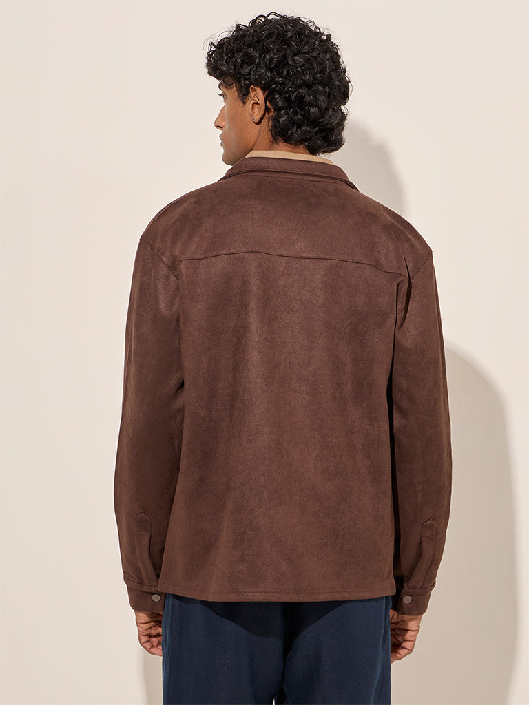 Westside Ascot Men's Brown Faux-Suede Relaxed-Fit Cotton-Blend Jacket for Casual Wear Back View