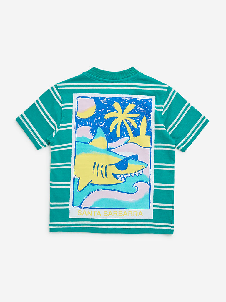 HOP Kids Teal Striped Cotton-Blend T-Shirt