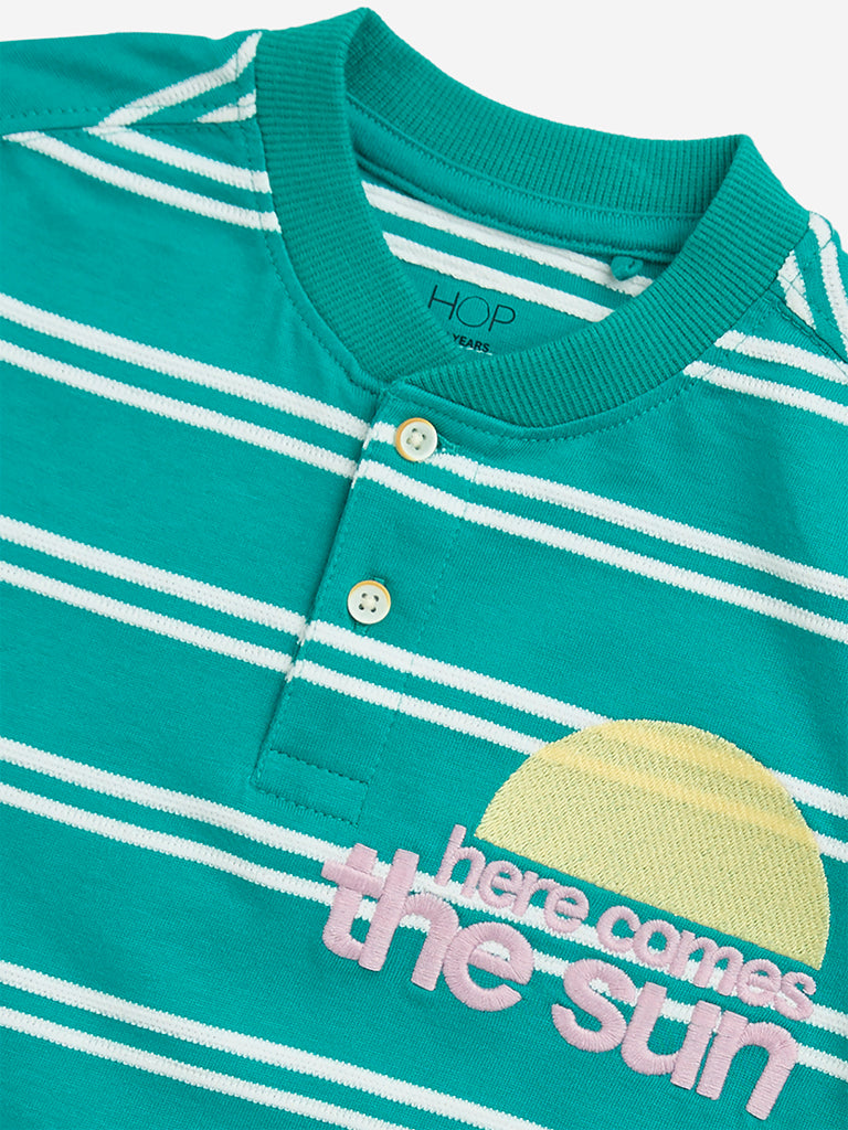HOP Kids Teal Striped Cotton-Blend T-Shirt