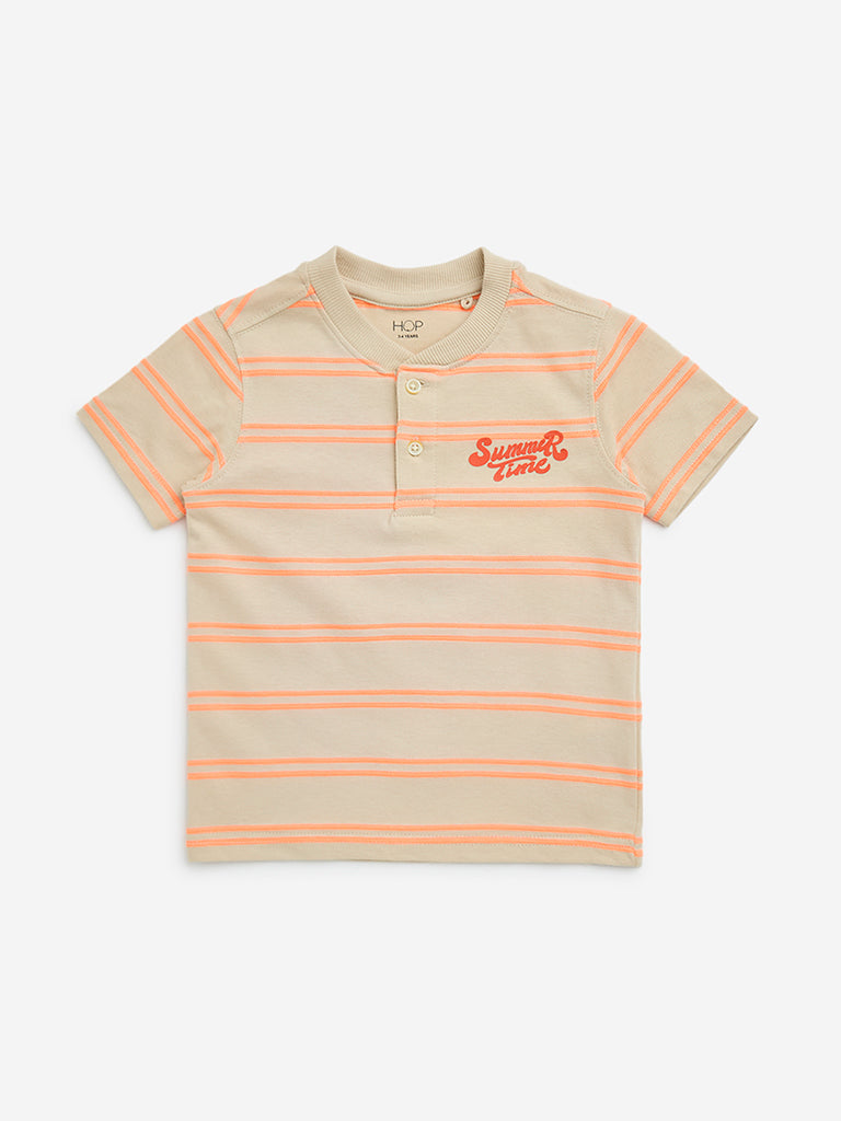 HOP Kids Orange Striped Cotton-Blend T-Shirt