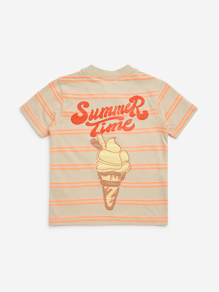 HOP Kids Orange Striped Cotton-Blend T-Shirt