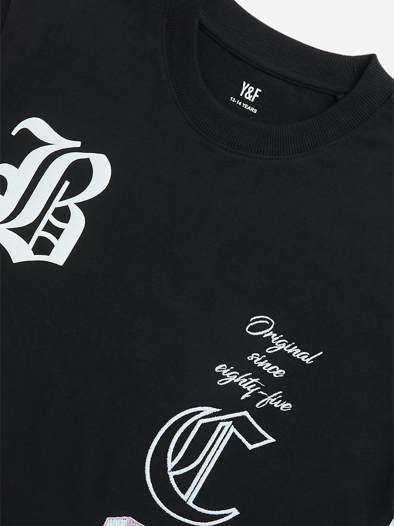 Westside Y&F Boy's Black Text Printed Cotton T-Shirt for Casual Wear Zoomed View