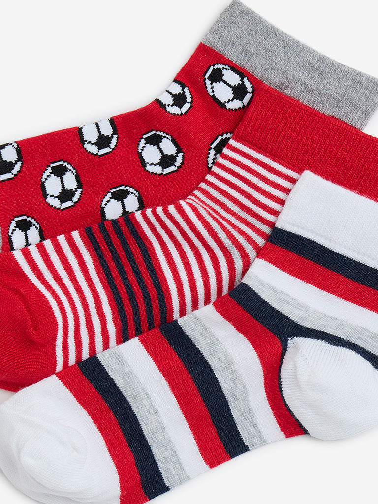 Westside HOP Kids Red Printed Cotton-Blend Socks - Pack of 3 for Casual Wear Zoomed View