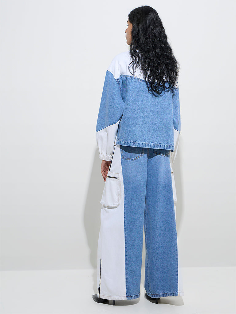 Westside Nuon Women's Blue Cargo-Style Wide-Leg High-Rise Jeans for Casual Wear Back View