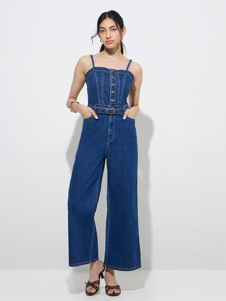 Westside LOV Women's Dark Blue Denim Jumpsuit with Belt for Casual Wear Front View
