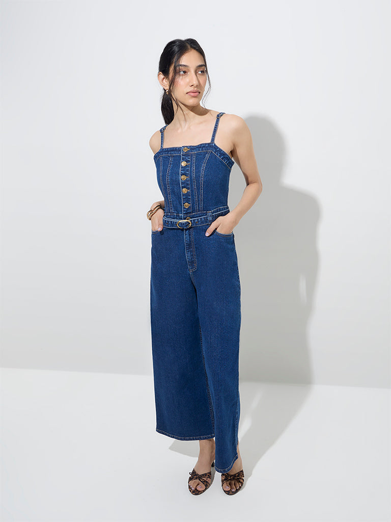 Westside LOV Women's Dark Blue Denim Jumpsuit with Belt for Casual Wear Full View