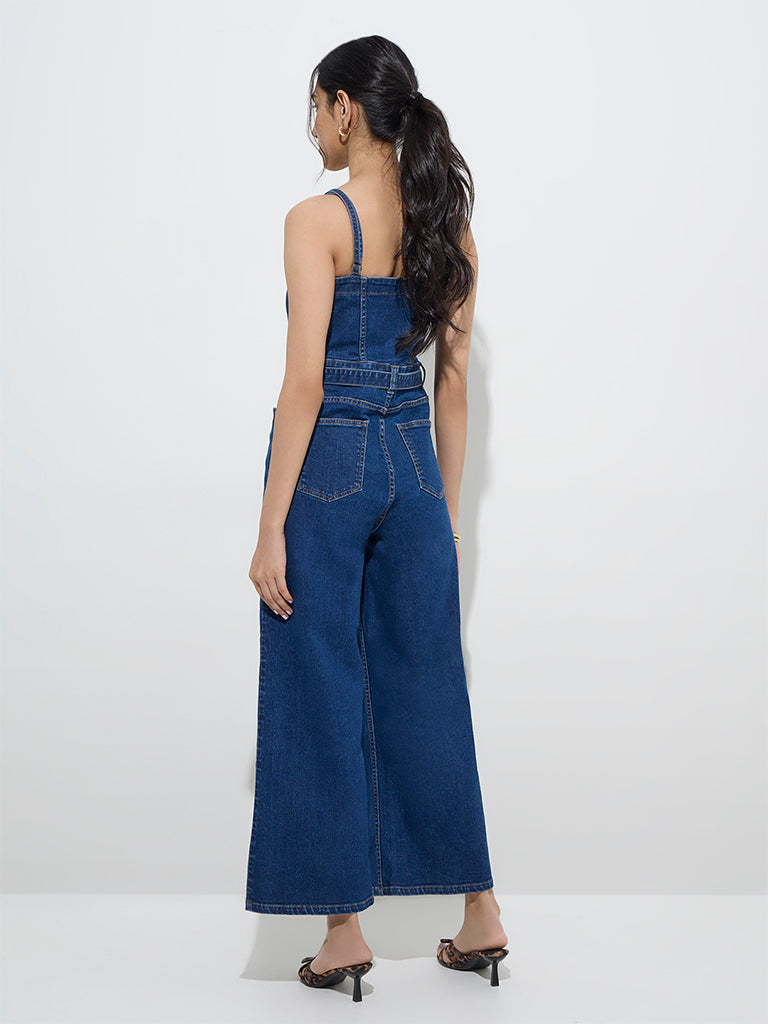 Westside LOV Women's Dark Blue Denim Jumpsuit with Belt for Casual Wear Back View