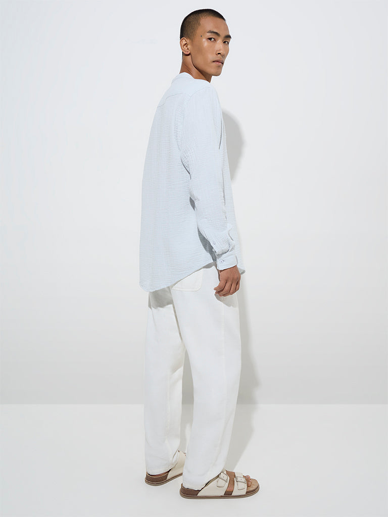 Westside ETA Men's Light Blue Crinkle Textured Relaxed-Fit Cotton Shirt for Casual Wear Back View