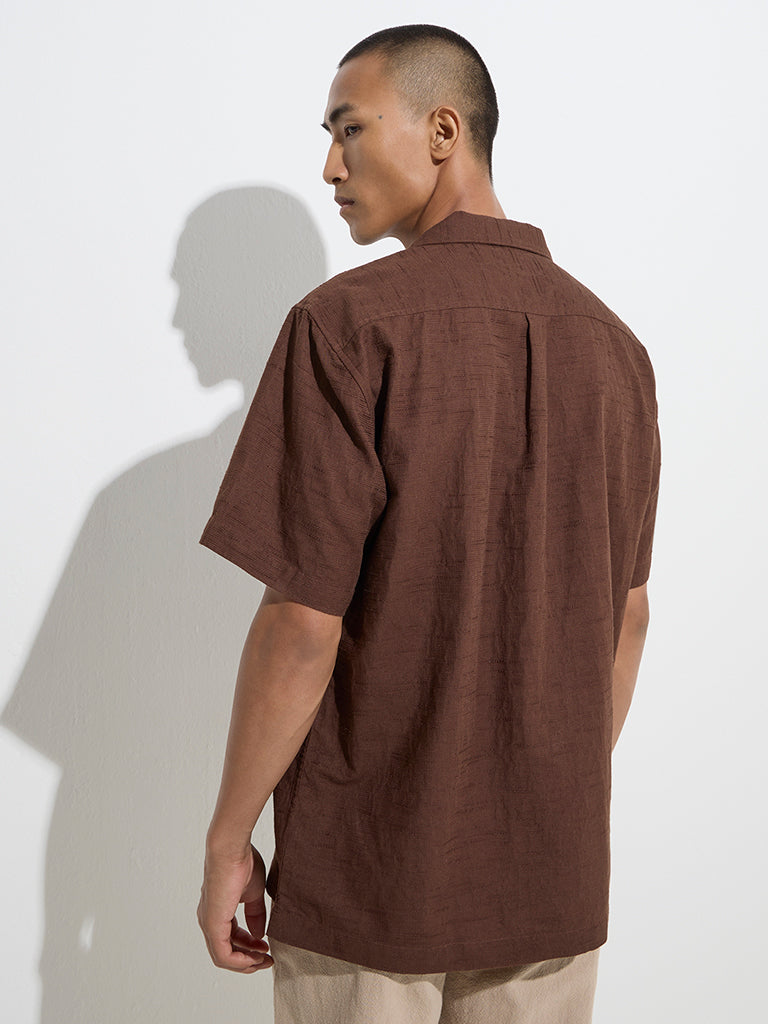 Westside ETA Men's Brown Self-Patterned Relaxed-Fit Cotton Shirt for Casual Wear Back View
