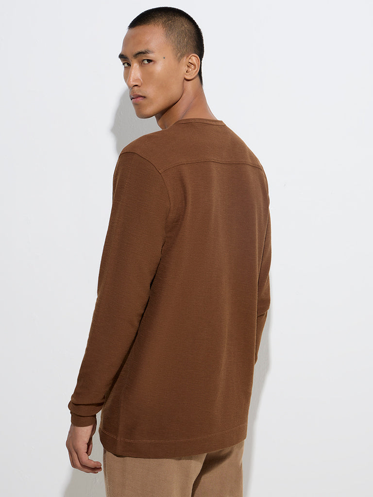 Westside ETA Men's Dark Brown Slim-Fit Henley Cotton T-Shirt for Casual Wear Back View