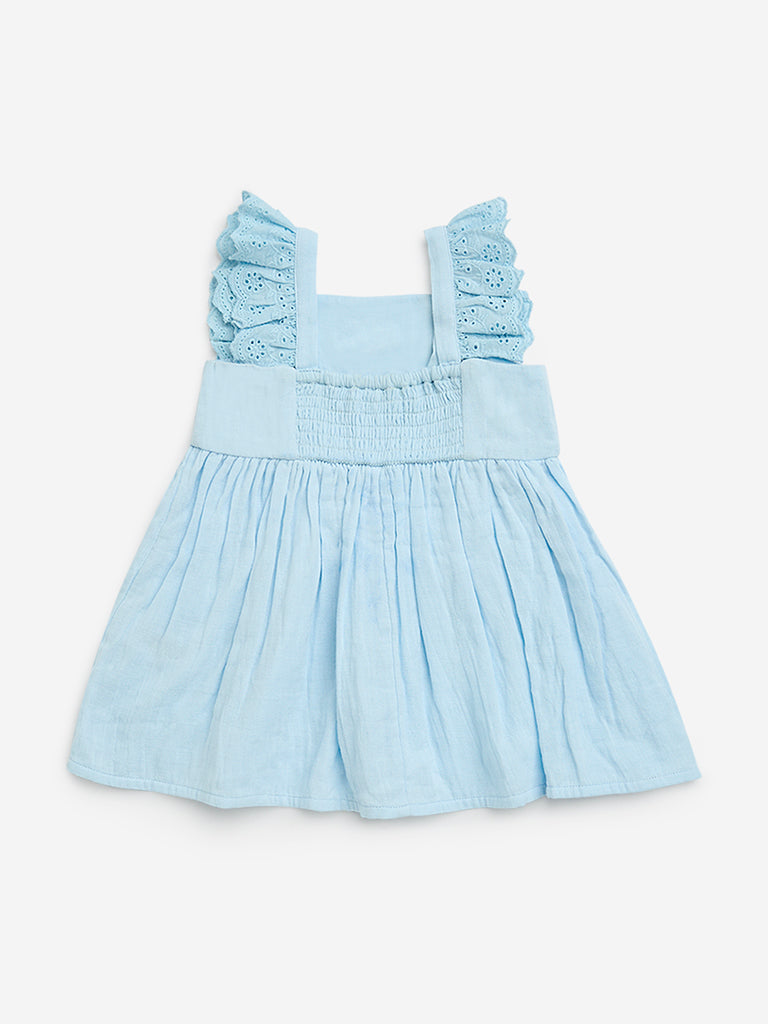 HOP Baby Light Blue Embroidered Cotton A-Line Dress