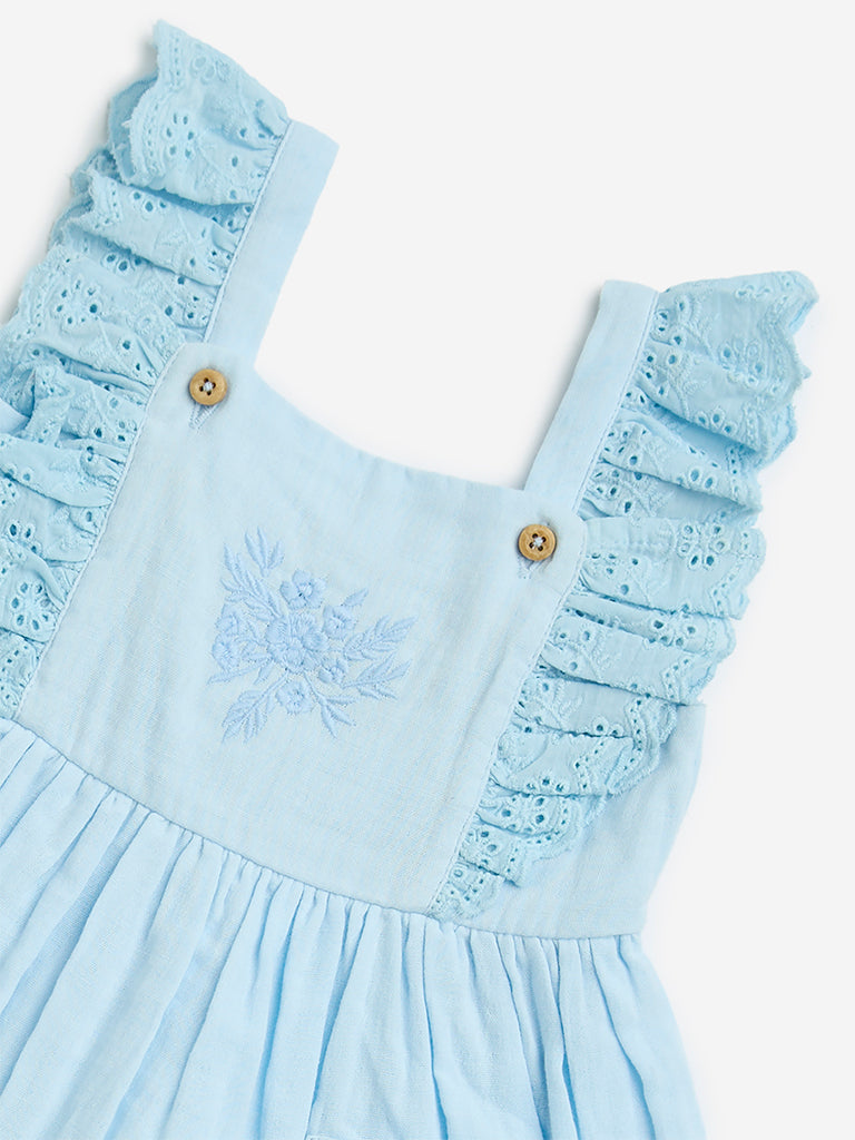 HOP Baby Light Blue Embroidered Cotton A-Line Dress
