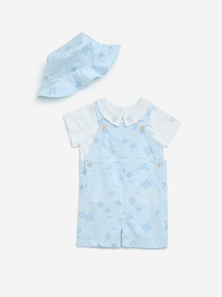 HOP Baby Blue Cotton Dungaree, T-Shirt and Bucket Hat Set