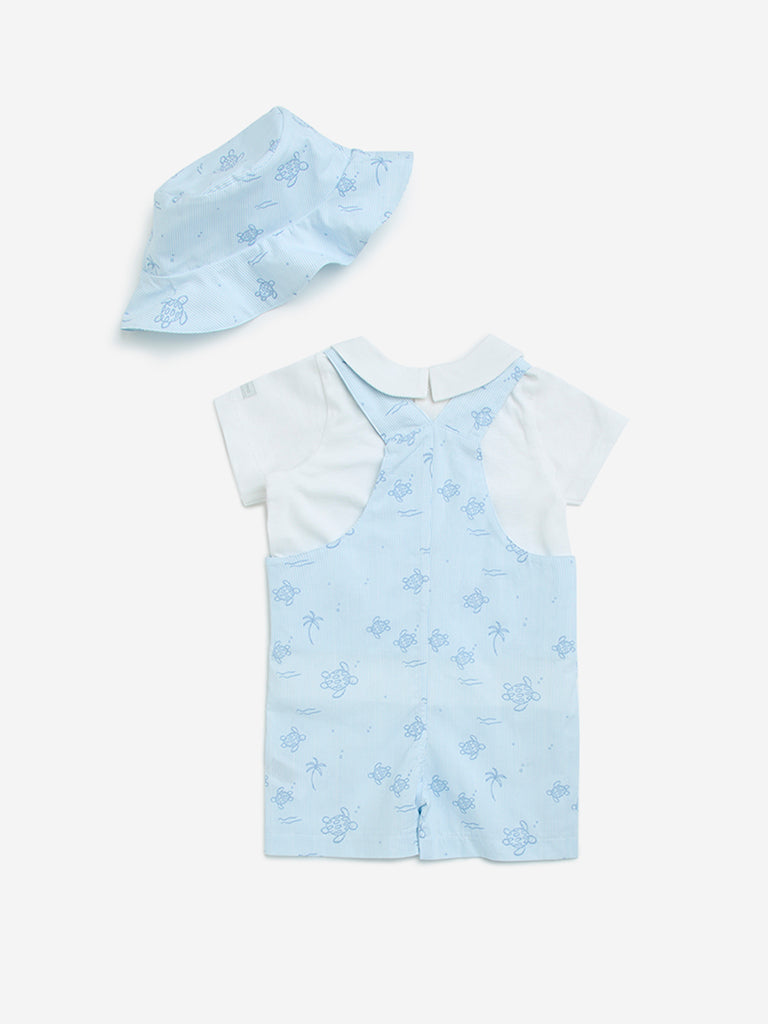 HOP Baby Blue Cotton Dungaree, T-Shirt and Bucket Hat Set