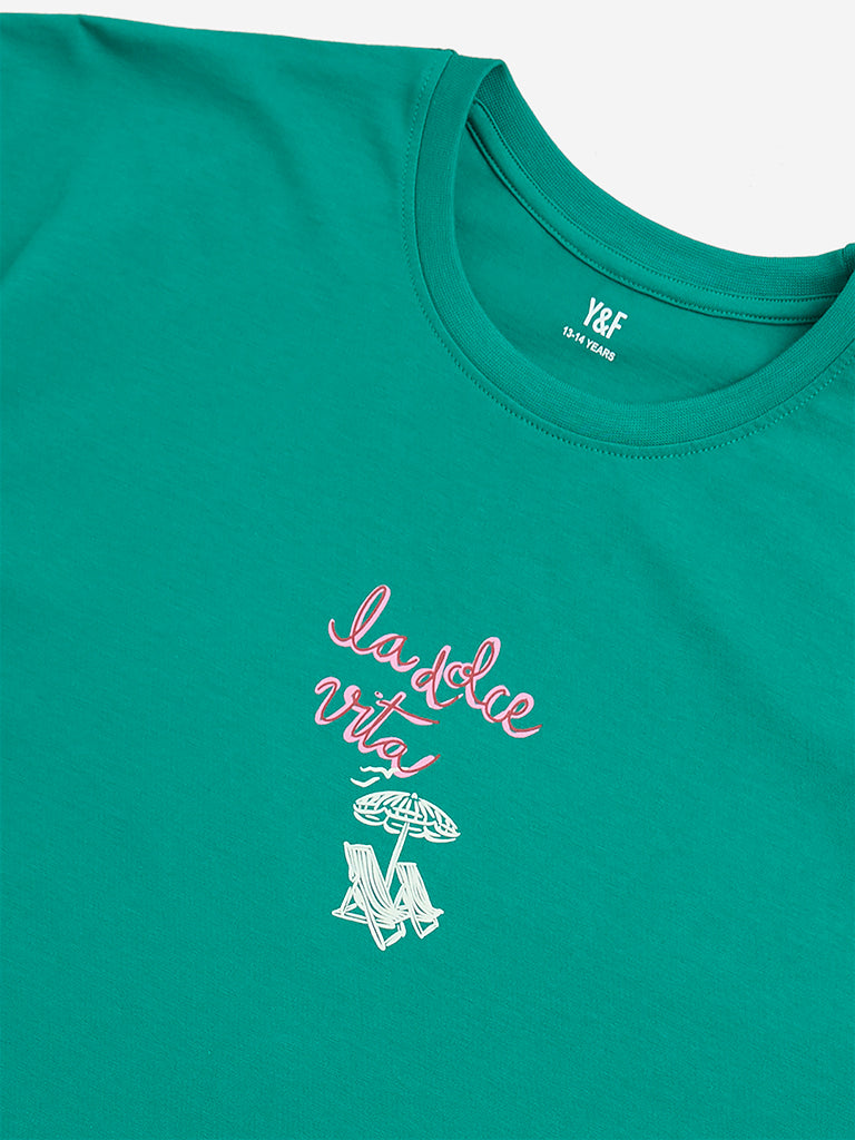 Westside Y&F Girl's Green Beach-Printed Cotton T-Shirt for Casual Wear Zoomed View