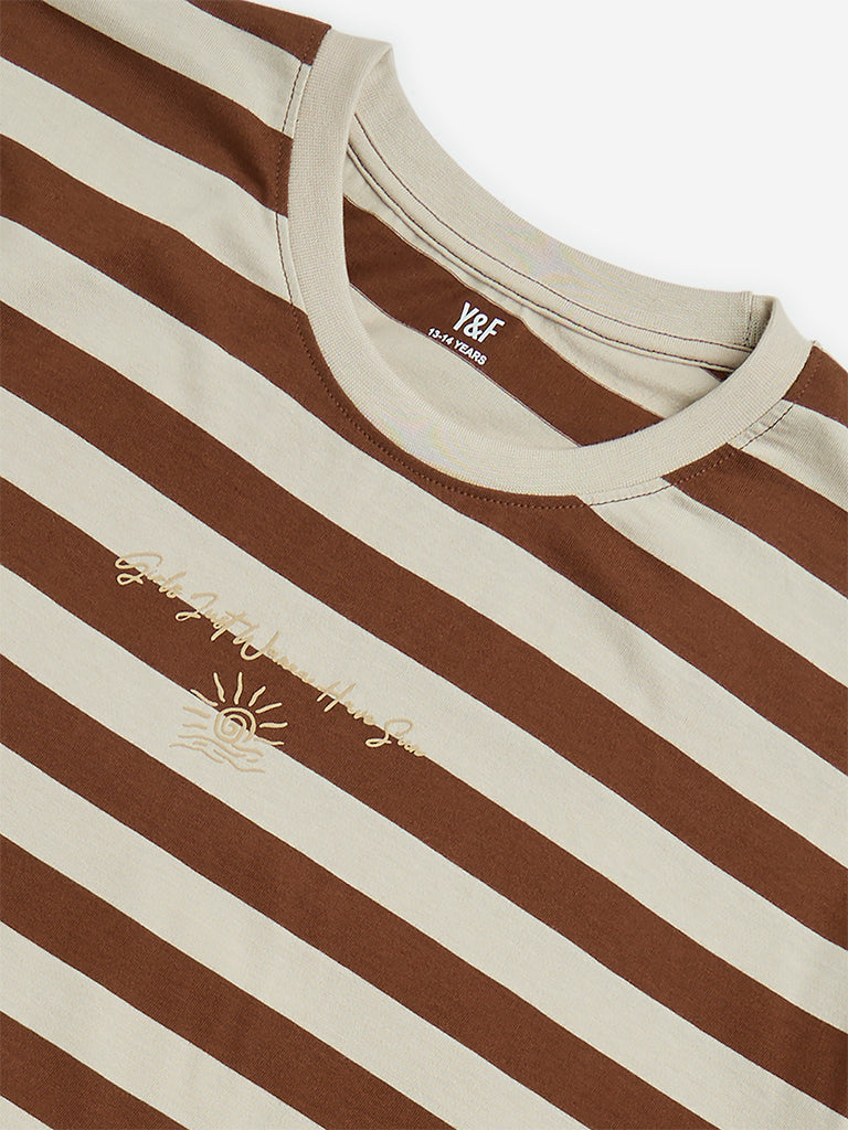 Westside Y&F Girl's Brown Stripe Pattern Cotton T-Shirt for Casual Wear Zoomed View
