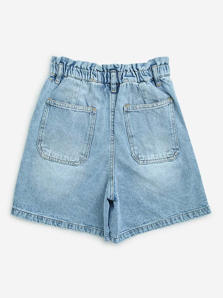 Y&F Kids Blue Ruffle Design High-Rise Denim Shorts