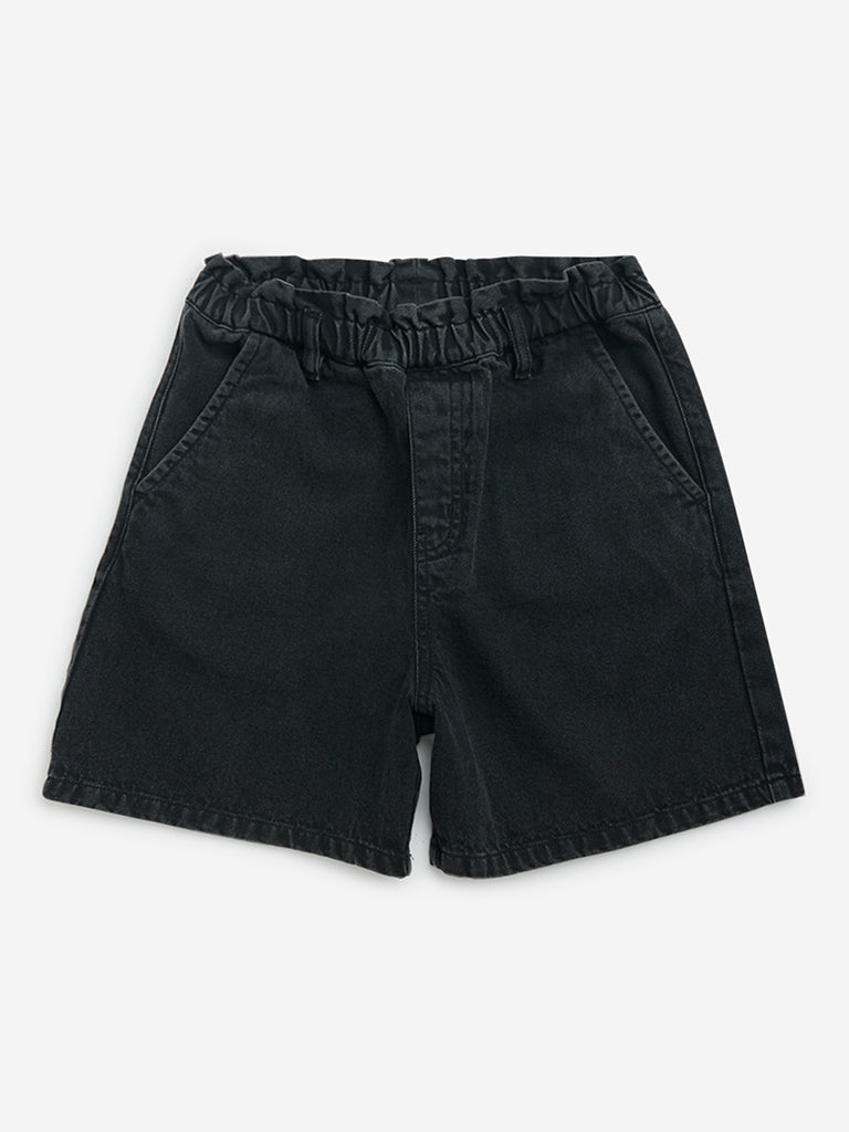 Y&F Kids Black Ruffle Design High-Rise Denim Shorts