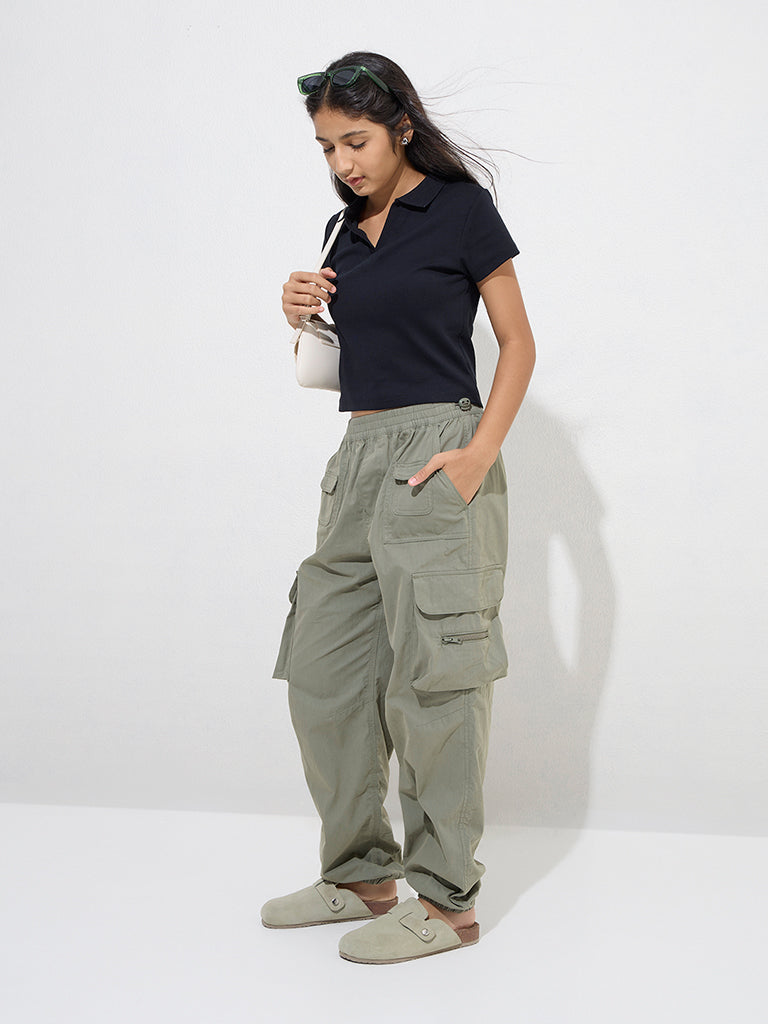 Westside Y&F Girls' Olive High-Rise Cotton-Blend Joggers for Casual Wear Full Model View