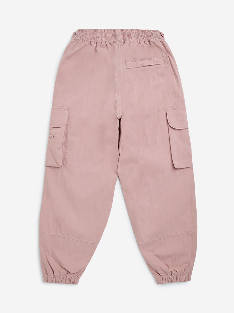 Westside Y&F Girls' Pink High-Rise Cotton-Blend Joggers for Casual Wear Back View