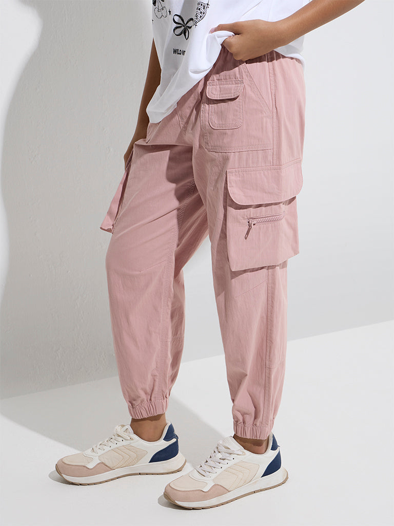 Westside Y&F Girls' Pink High-Rise Cotton-Blend Joggers for Casual Wear Model Front View