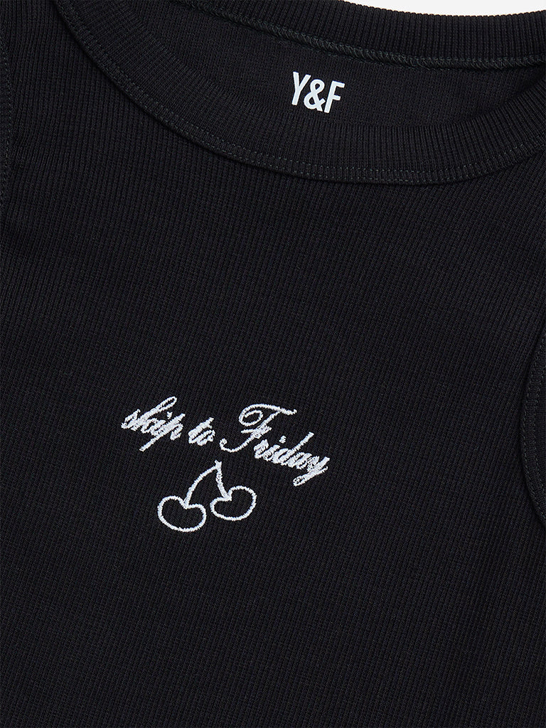 Westside Y&F Girl's Black Ribbed Cotton-Blend Tank Top for Casual Wear Zoomed View