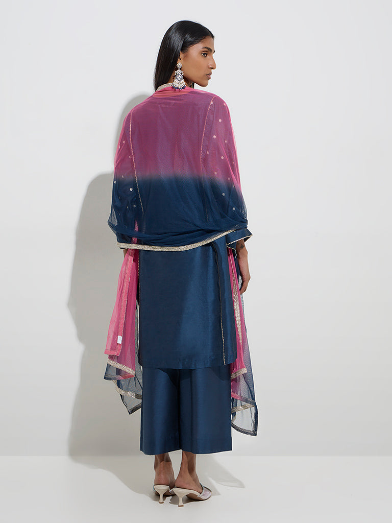 Westside Vark Women's Indigo Cotton-Blend Kurta, Pants and Dupatta Set for Festive Wear Back View