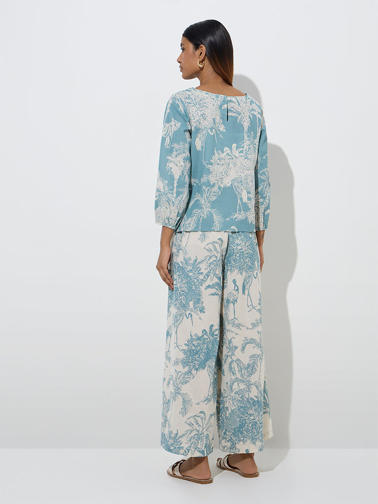 Westside Utsa Women's Dusty Blue Nature-Themed Ethnic Cotton-Blend Top for Everyday Back View