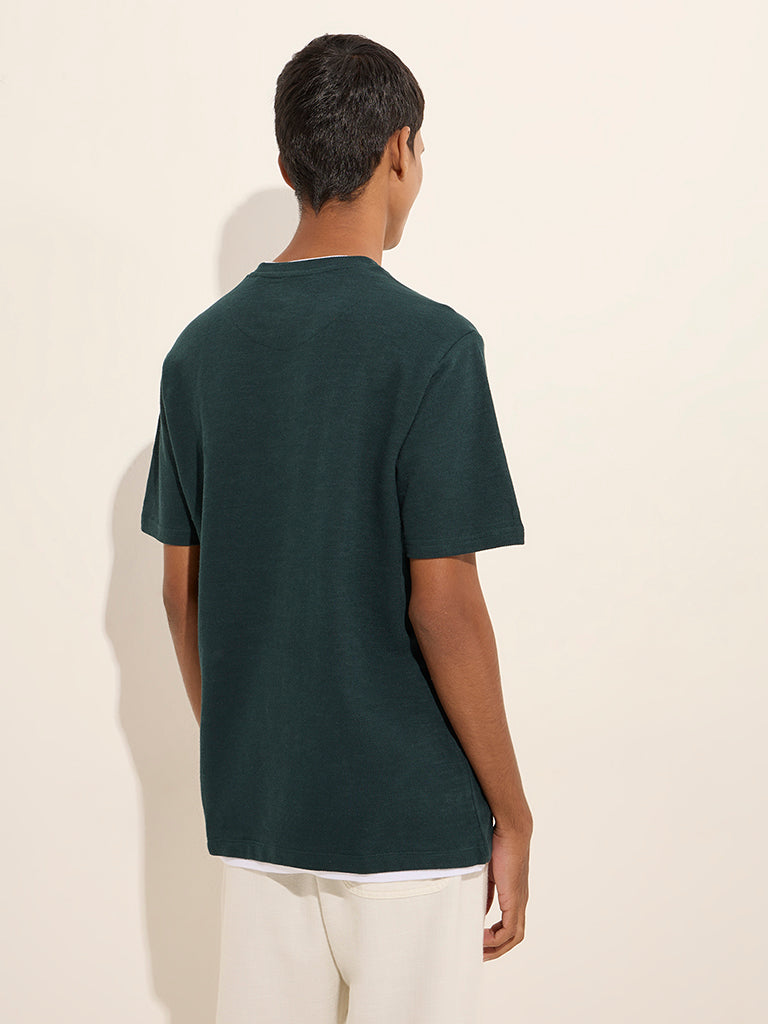 Westside ETA Men's Dark Green Solid Slim-Fit Cotton T-Shirt for Casual Wear Back View