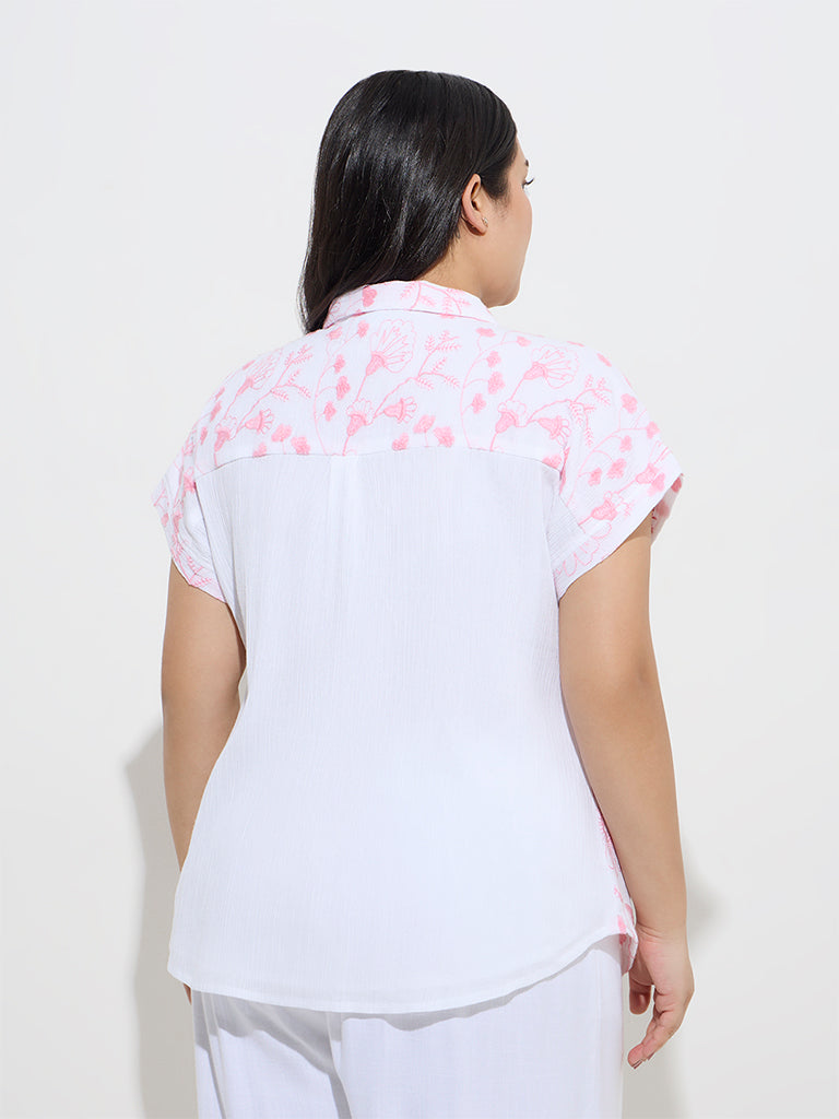 Westside Gia Women's White Floral Embroidered Cotton Shirt for Casual Wear Back View