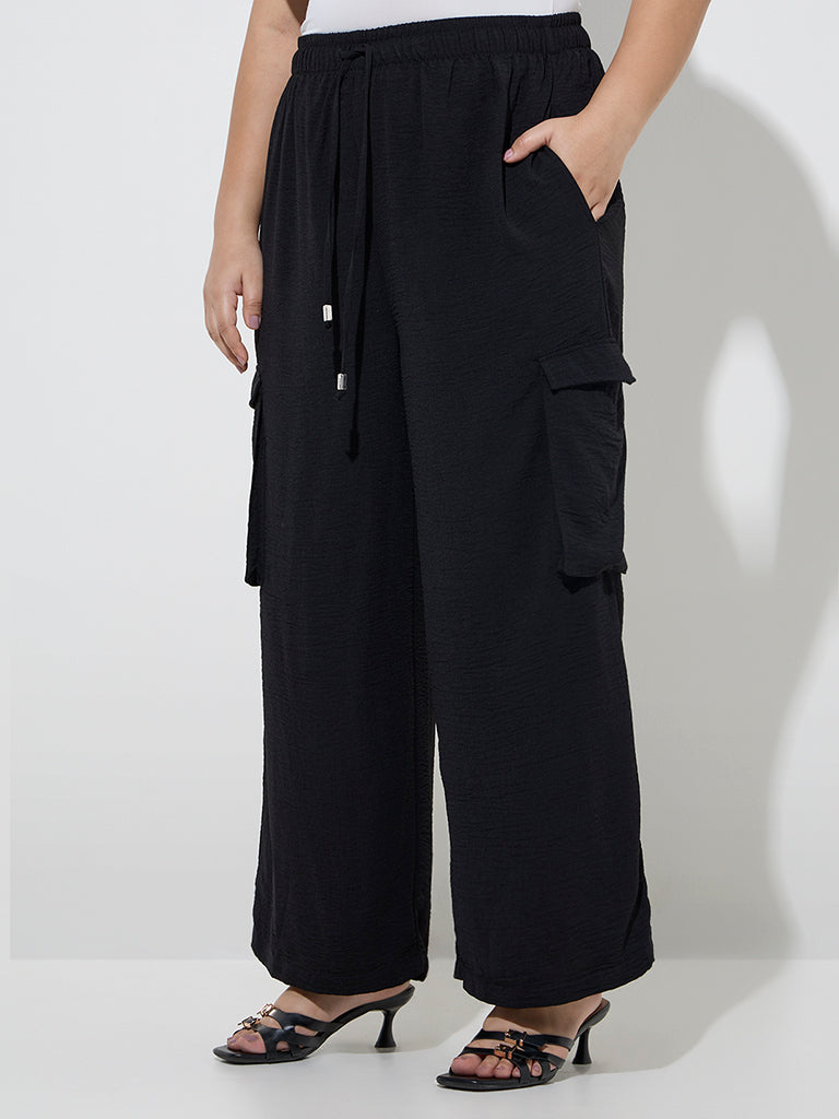 Westside Gia Women's Black Cargo-Style High-Rise Trousers for Casual Wear Front View