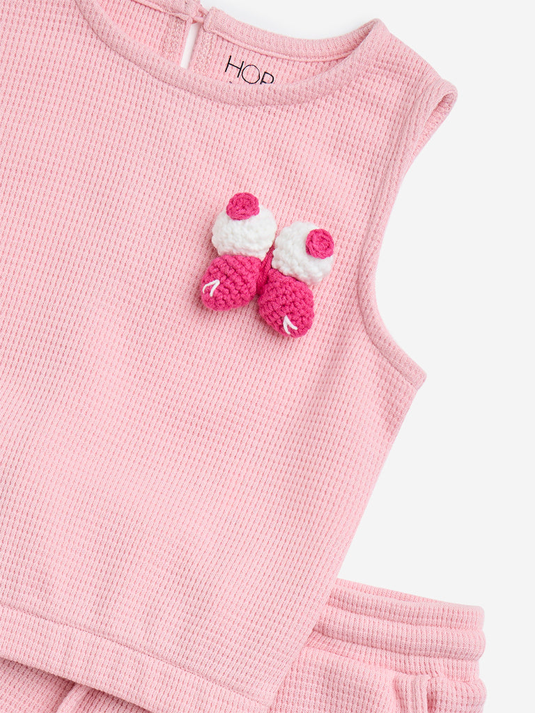 Westside HOP Girls' Kids Pink Waffle-Textured Top with Shorts Set for Casual Wear Zoom View