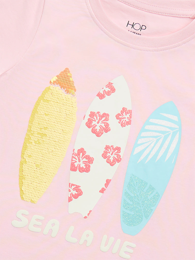 Westside HOP Kids Light Pink Surfboard Print Cotton T-Shirt for Casual Wear Zoomed View