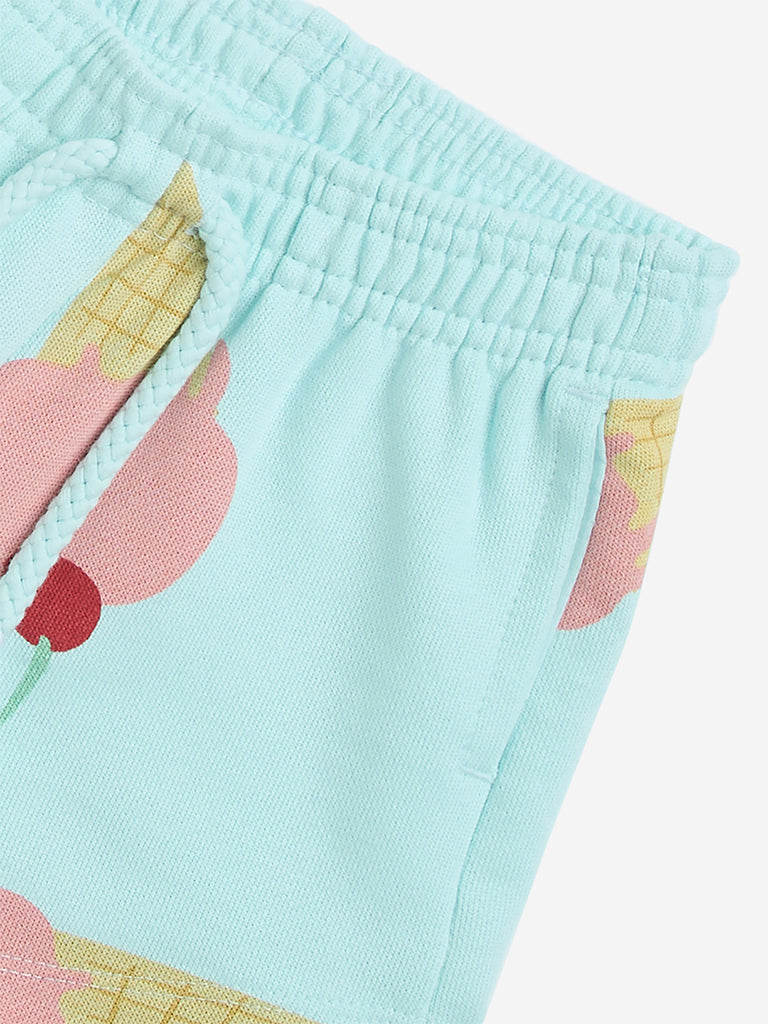 Westside HOP Kids Aqua Ice-Cream Prints High-Rise Cotton Shorts for Casual Wear Zoomed View