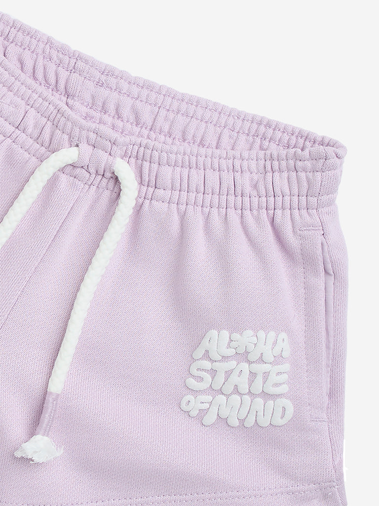 HOP Kids Lilac Text-Printed High-Rise Cotton Shorts
